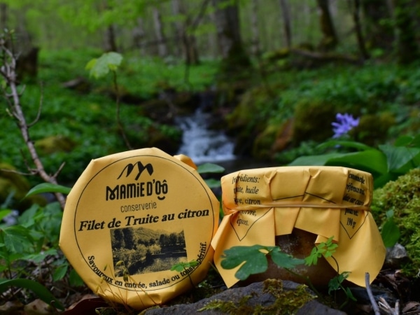 photo de conserve artisanale de filet de truite au citron , produit régional