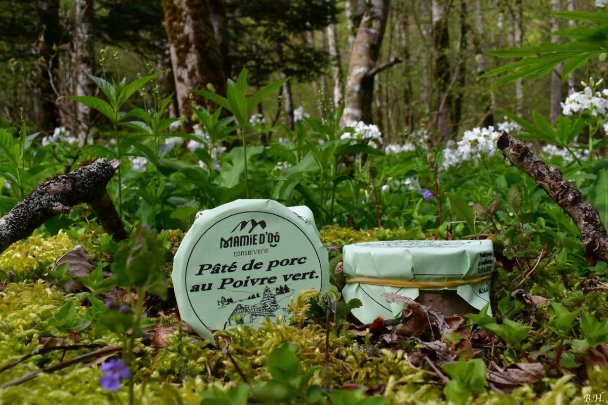photo de conserve artisanale de pâté de porc au poivre vert , produit régional