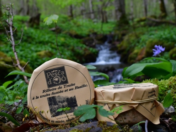 photo de conserve artisanale de rillette de truite fumée au basilic , produit régional