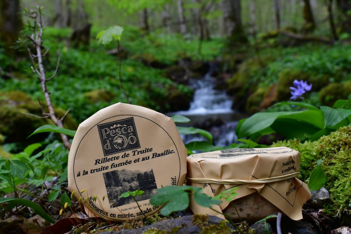photo de conserve artisanale de rillette de truite fumée au basilic , produit régional
