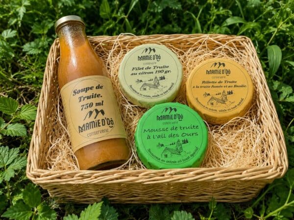 Panier gourmand composé de 4 produits à base de truite d'Oô